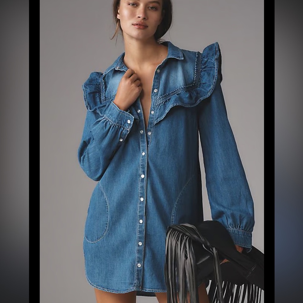 NWOT Anthropologie Pilcro Ruffle Denim Mini Shirt Dress in Blue